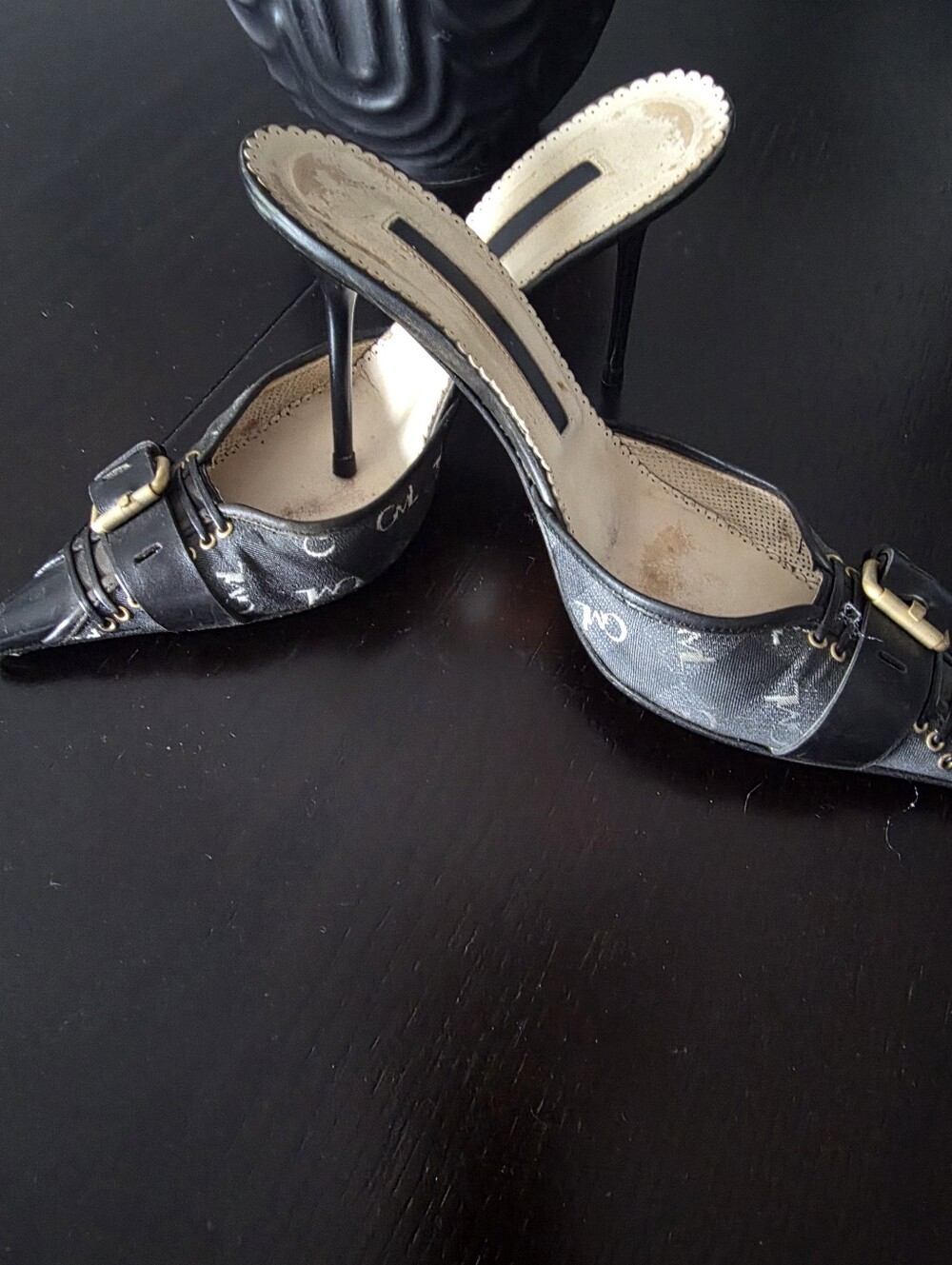 Gianmarco Lorenzi Black Pointed-Toe Stiletto Mule with Gold Buckle